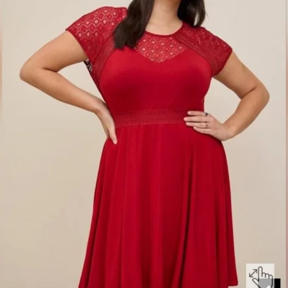 Torrid Size 4 (26) Red Mini Super Soft Lace Dolman Sleeve Inset Skater Dress NWT